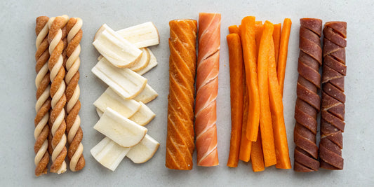 A variety of the best single-ingredient dog chews, including meat, fish, and vegetable types.