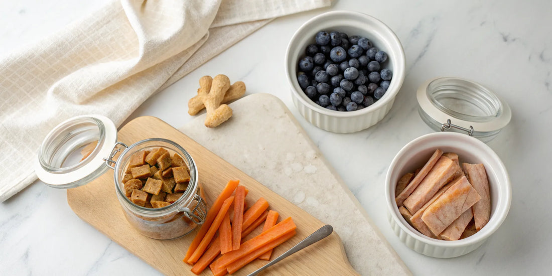 The cleanest dog treats, including single-ingredient chews, fresh carrots, and blueberries.