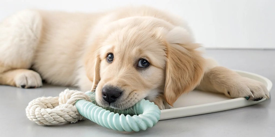 A golden retriever puppy chewing a safe rubber toy, one of the safest dog chews for puppies.