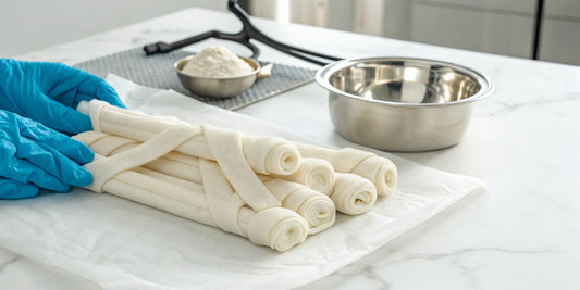 White rawhide for dogs being processed and rolled into chews.