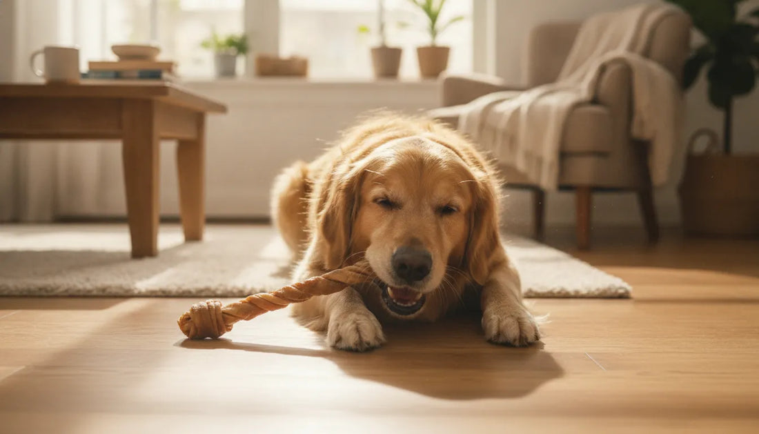 Golden retriever lying on a sunny living room floor calmly chewing a natural long-lasting dog chew