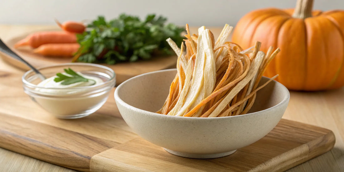 Bowl of dried rabbit ears for dogs, a healthy chew to buy for gut and joint health.